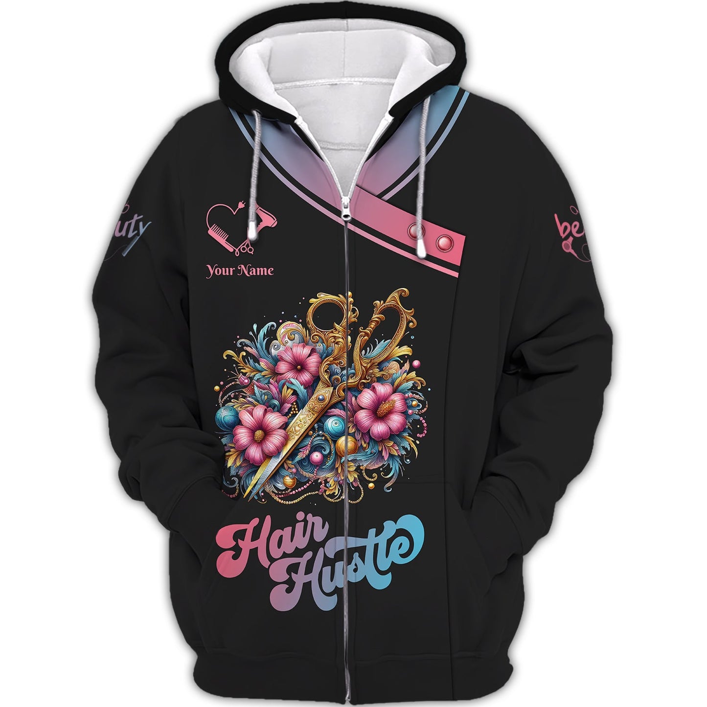 Zipper Hoodie Colorful Hairdresser Tools With Flowers 3D Shirts Hair Stylist Custom T-Shirts