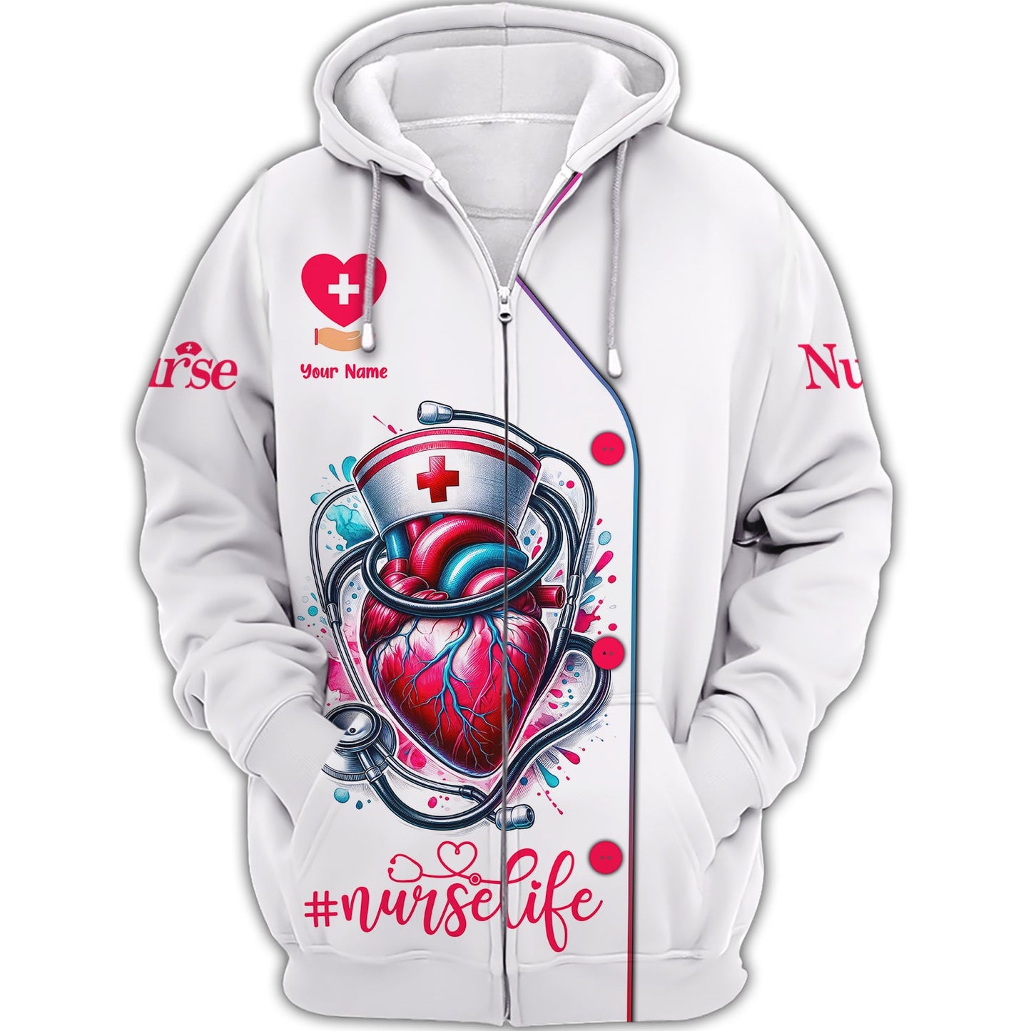 Zipper Hoodie Nurse Life Custom T-Shirts Heart And Stethoscope 3D Shirt