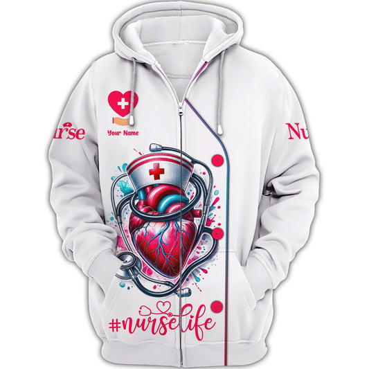 Zipper Hoodie Nurse Life Custom T-Shirts Heart And Stethoscope 3D Shirt