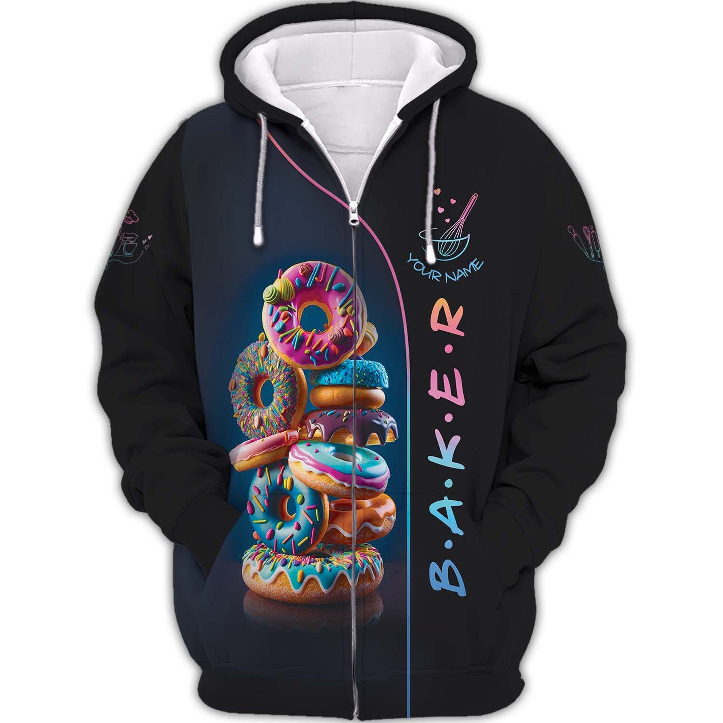 Zipper Hoodie  Stack Of Colorful Donuts 3D Shirt Pastry Maker Custom T-Shirts Gif For Baker