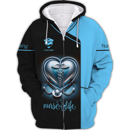 Zipper Hoodie Heart Stethoscope And Medical Scepter 3D Shirts Nurse Custom T-Shirts