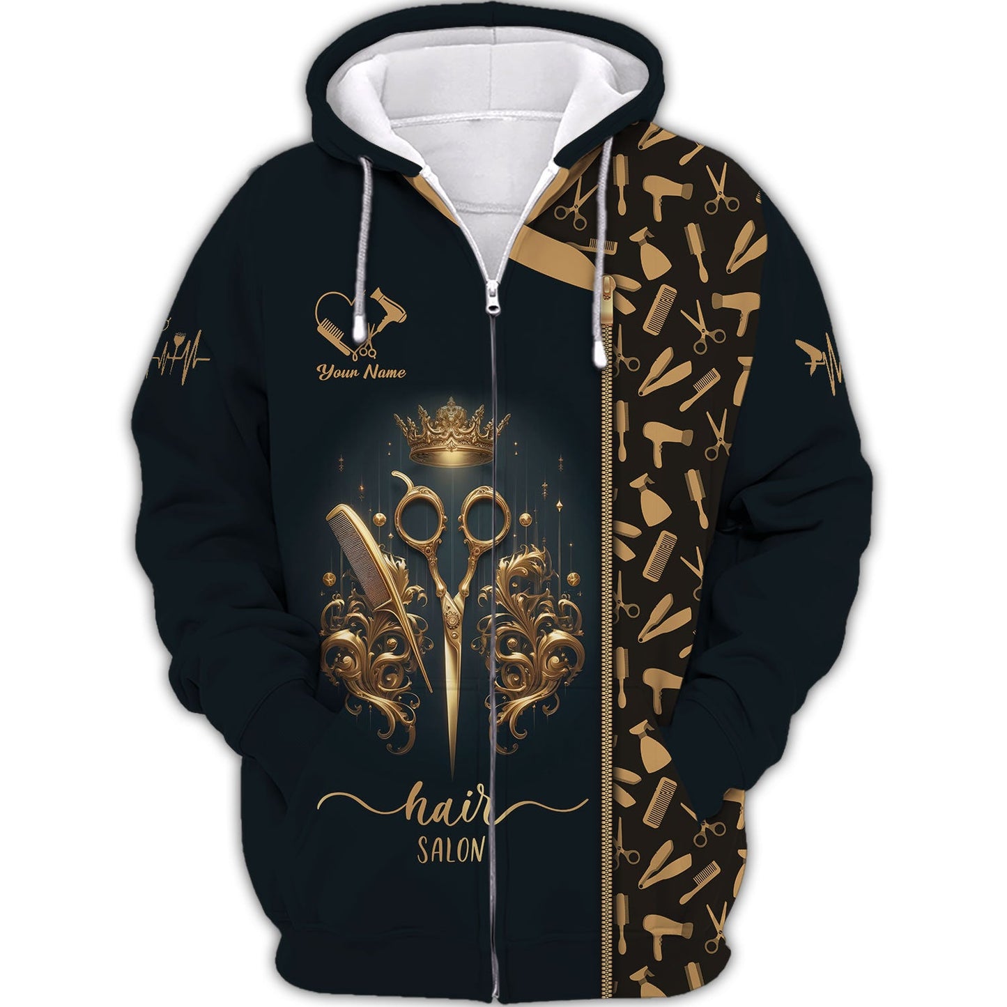 Zipper Hoodie Hairdresser Custom T-Shirts Hair Salon Golden Symbol 3D Shirt