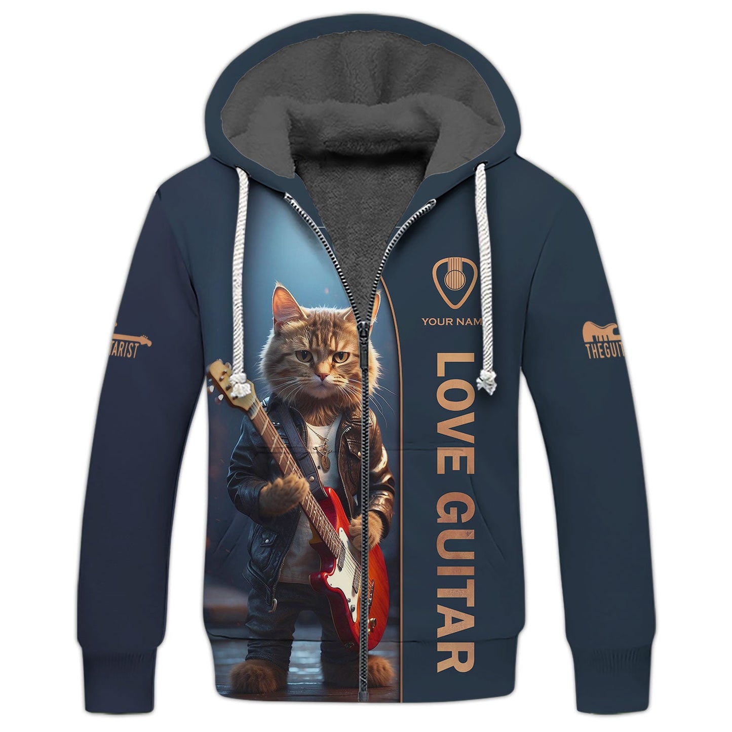 Zipper Hoodie Guitar Electric Cat Custom T-Shirts Cat In A Leather Jacket Playing A Guitar 3D Shirt