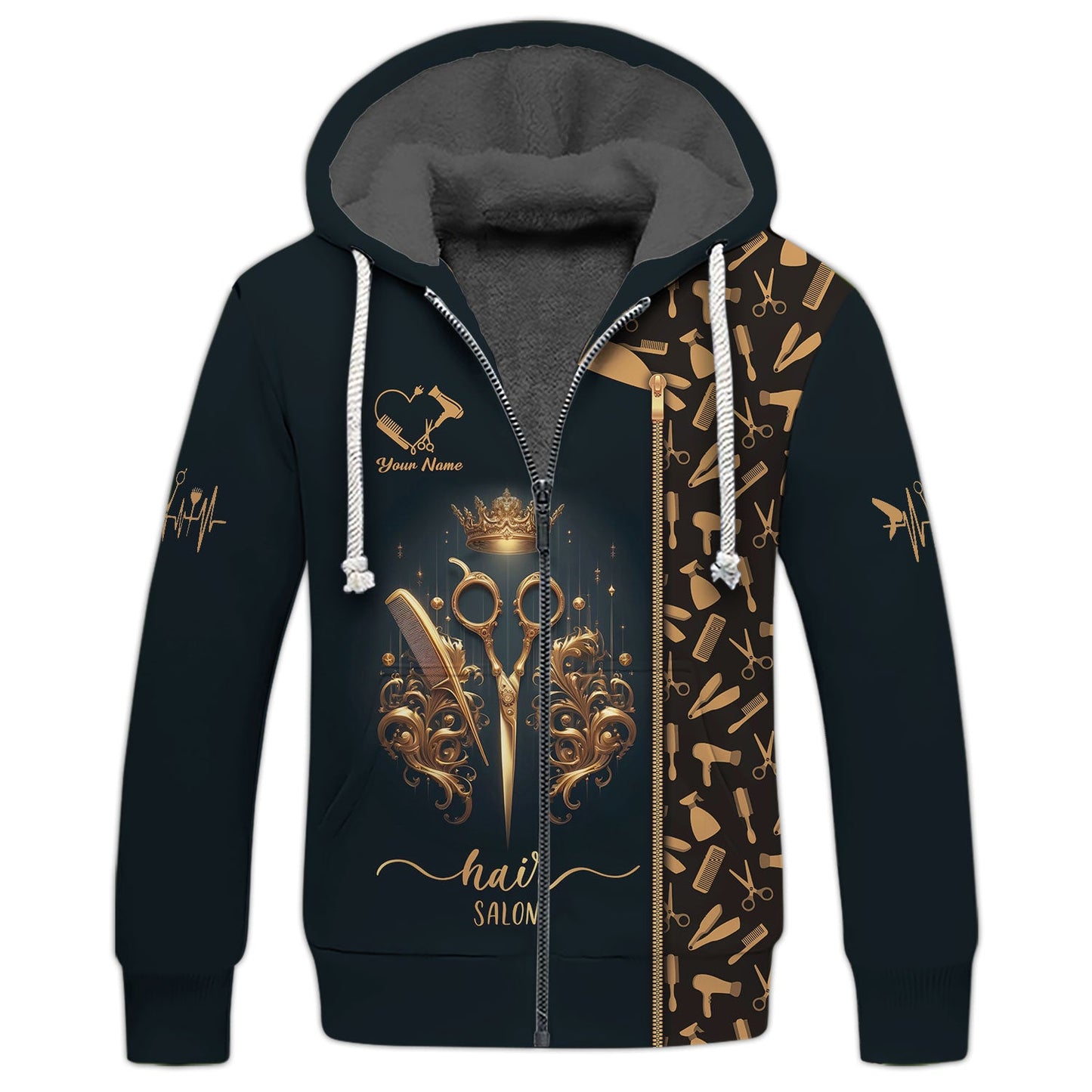 Zipper Hoodie Hairdresser Custom T-Shirts Hair Salon Golden Symbol 3D Shirt