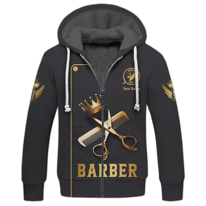 Zipper Hoodie Golden Scissors And Comb With Crown 3D Shirt Barber Custom T-Shirts