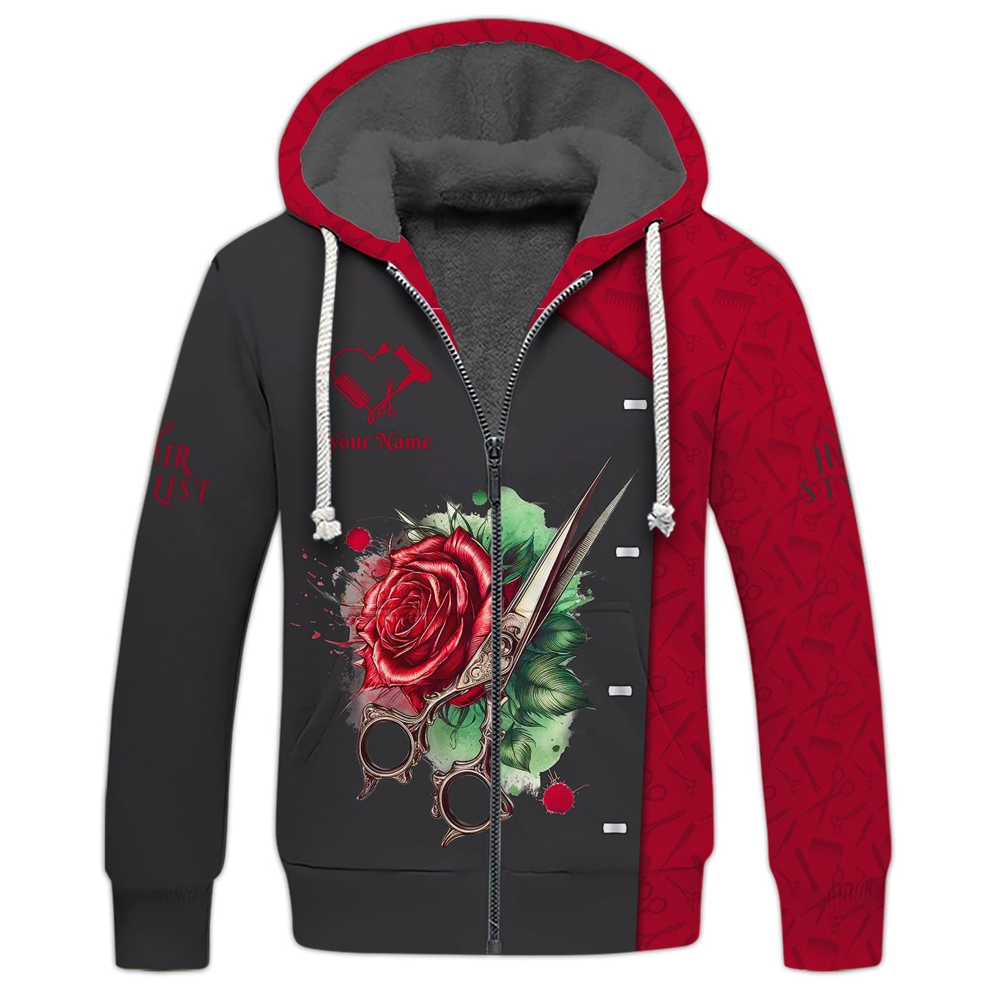 Zipper Hoodie Scissors And Rose Tattoo 3D Shirts Hair Stylist Custom T-Shirts