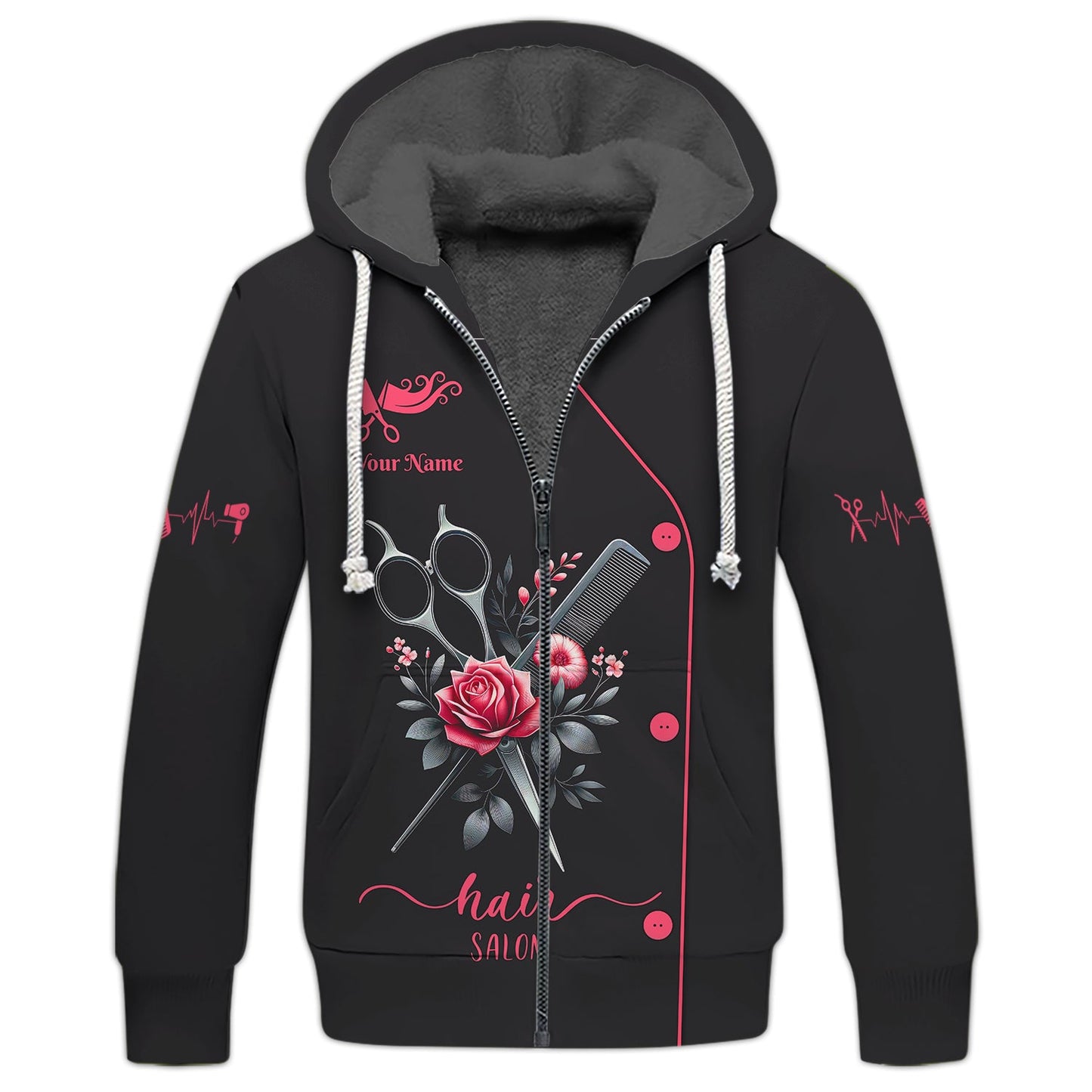 Zipper Hoodie Hairdresser Scissors And Comb With Rose 3D Shirt Hairstylist Custom T-Shirts