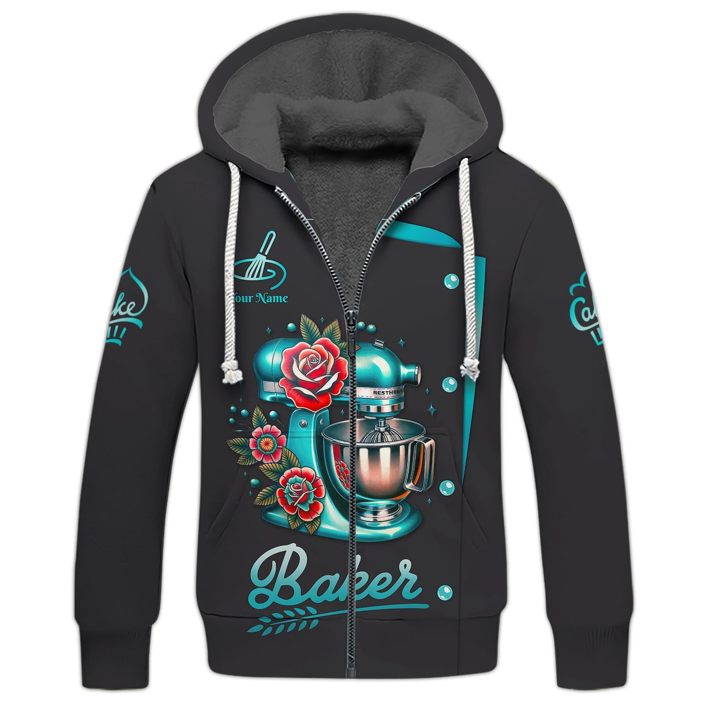 Zipper Hoodie Cake Dough Kneading Machine With Roses 3D Shirt Baker Custom T-Shirts, Gif For Bakery