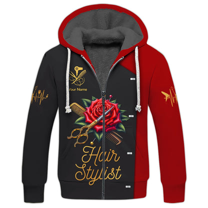 Zipper Hoodie Hairstylist Custom T-Shirts Scissors And Comb Tattoo With Roses 3D Shirt