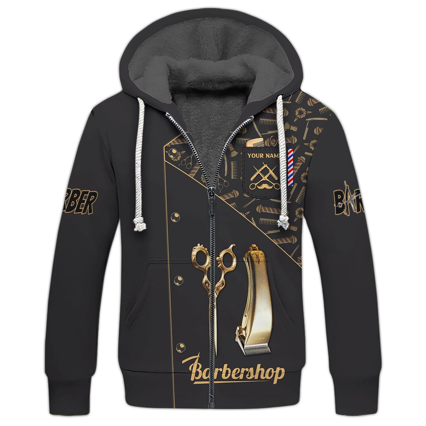 Zipper Hoodie Golden Barber Tool Symbol 3D Shirt Barbershop Custom T-Shirts