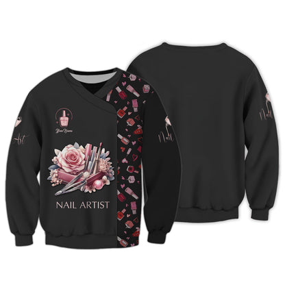 Zipper Hoodie Nail Polish With Rose Watercolor 3D Shirts Nail Artist Custom T-Shirts