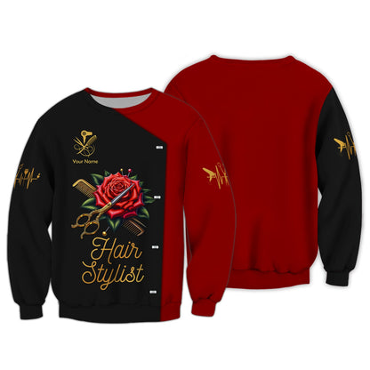 Zipper Hoodie Hairstylist Custom T-Shirts Scissors And Comb Tattoo With Roses 3D Shirt