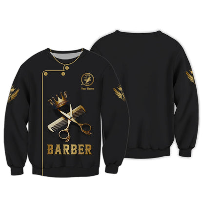 Zipper Hoodie Golden Scissors And Comb With Crown 3D Shirt Barber Custom T-Shirts