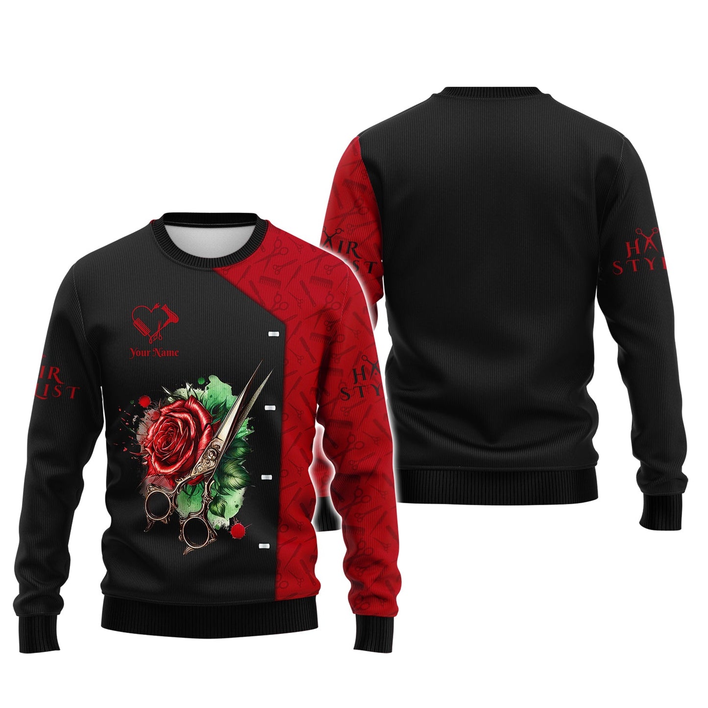 Zipper Hoodie Scissors And Rose Tattoo 3D Shirts Hair Stylist Custom T-Shirts