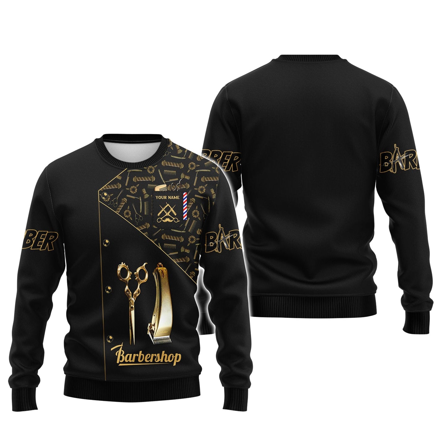 Zipper Hoodie Golden Barber Tool Symbol 3D Shirt Barbershop Custom T-Shirts