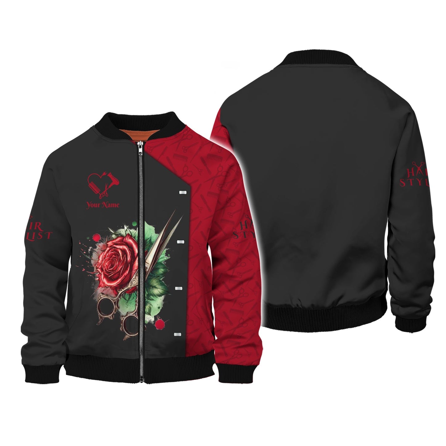 Zipper Hoodie Scissors And Rose Tattoo 3D Shirts Hair Stylist Custom T-Shirts