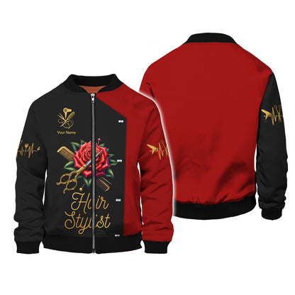 Zipper Hoodie Hairstylist Custom T-Shirts Scissors And Comb Tattoo With Roses 3D Shirt