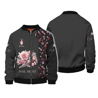 Zipper Hoodie Nail Polish With Rose Watercolor 3D Shirts Nail Artist Custom T-Shirts