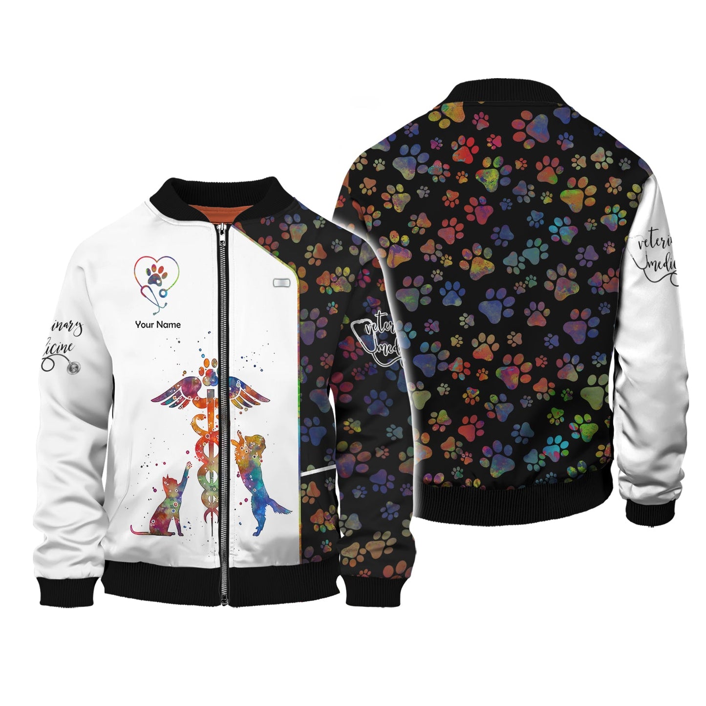 Zipper Hoodie Veterinary Caduceus Art Watercolor 3D Shirts Vet Custom T-Shirts