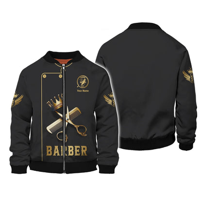 Zipper Hoodie Golden Scissors And Comb With Crown 3D Shirt Barber Custom T-Shirts