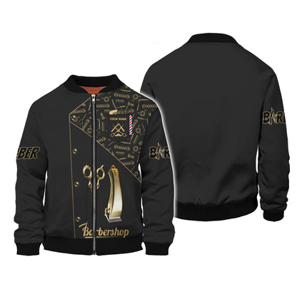 Zipper Hoodie Golden Barber Tool Symbol 3D Shirt Barbershop Custom T-Shirts