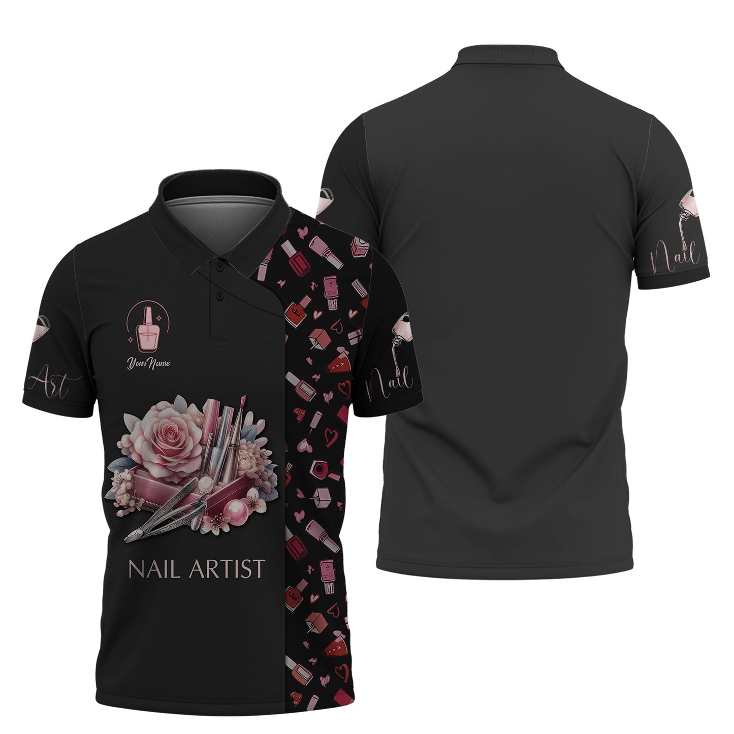 Zipper Hoodie Nail Polish With Rose Watercolor 3D Shirts Nail Artist Custom T-Shirts