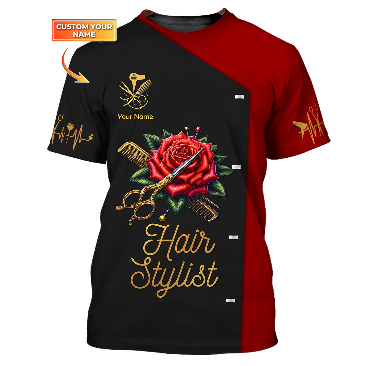 Hairstylist Custom T-Shirts Scissors And Comb Tattoo With Roses 3D Shirt