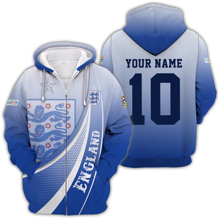 Zipper Hoodie Unisex Shirt - Custom Name And Number, England Euro 2024 Shirt